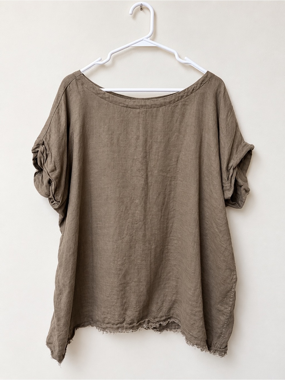 Magaschoni 100% Linen XL Khaki Taupe Oversized Raw Hem Top